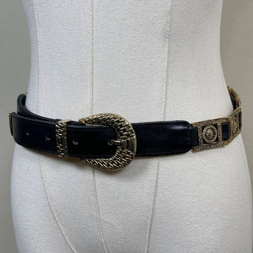Vintage Ekin Deri Belt Women Black Gold Medusa Lion Head Greek Key Baroque